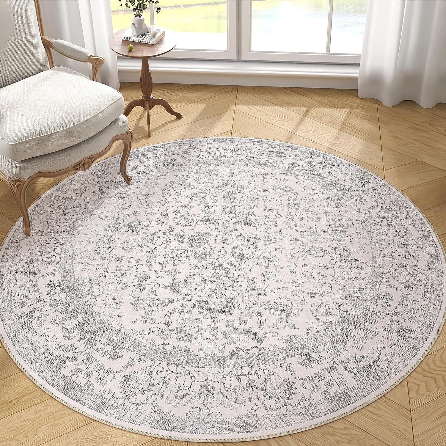 HUGEAR Vintage Grey Round Rug 180cm Washable Non Slip Circle Area Rugs Living Room Bedroom Kitchen Hall Lounge Bedside Office Dining Room Indoor Carpet Low Pile Circular Carpets