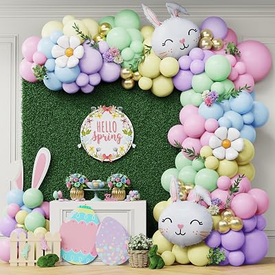 Spring Balloon Garland Arch Kit 135Pcs Macaron Pastel Balloons Garland with Daisy Flower,Rabbit Mylar Balloon for Hello Spring Baby Shower Theme Girls Birthday Easter Party Decoration