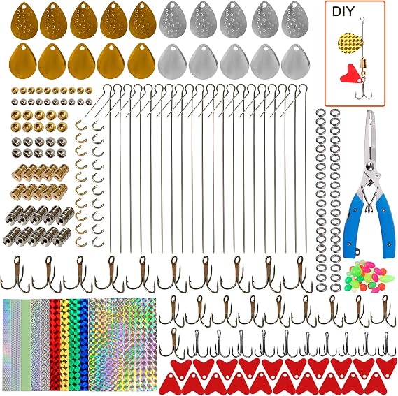 Fishing Spinner Bait Making Kit, 261pcs DIY Fishing Lure Making Kit Buzzbait Spinnerbait Colorado Blades Fishing Spoon Rigs Treble Hook Make Your Own Lures for Bass Trout Walleye Spinner