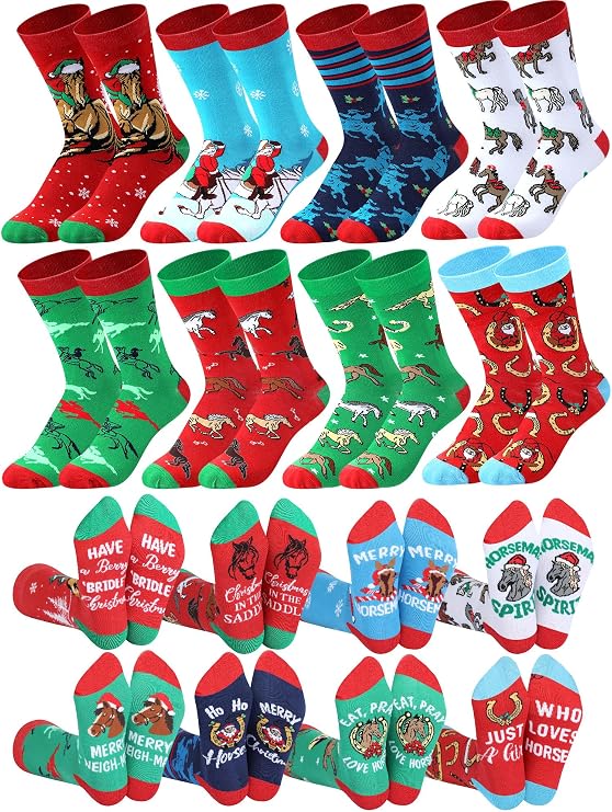 Shyyween 8 Pairs Christmas Horse Cotton Crew Socks for Adult Teen Horse Lovers Funny Xmas Equestrian Gift Stocking Stuffers