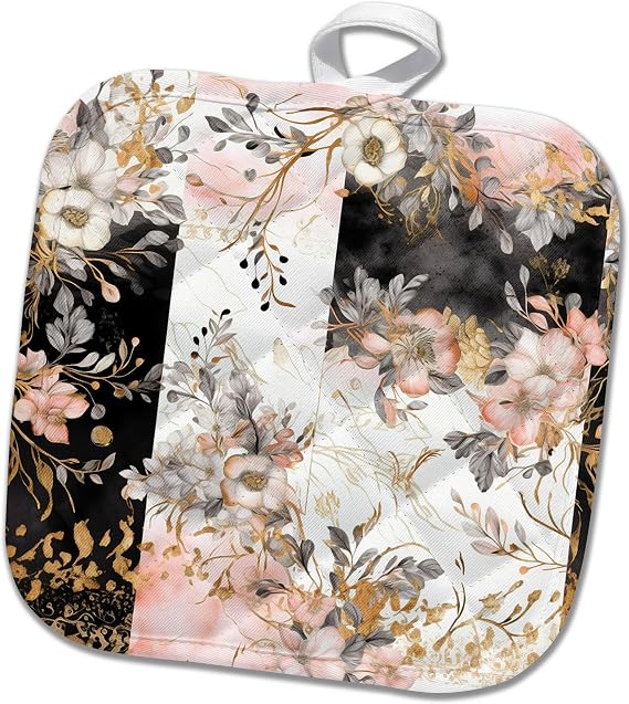 8x8 Potholder - Elegant Pink Floral and Image of Gold Against Black and White Backgrounds - Anne Marie Baugh