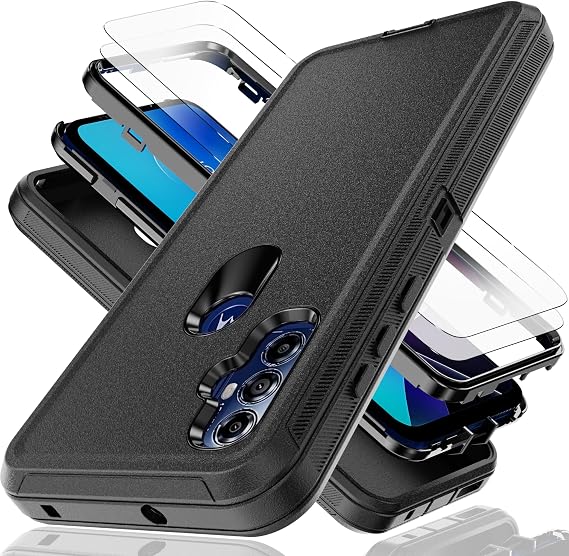 for Moto G Play 2023 | Moto G Pure | Moto G Power 2022 Case with Explosion-Proof Film[2 Pack],3 in 1 Shockproof TPU Hard PC Bumper Drop-Proof Shell for Moto G Play 2023 Black