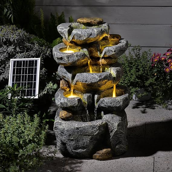 24" Tall Solar Powered Water Fountain Cascading Rock Waterfall