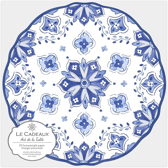Le Cadeaux Scalloped Edge Double Sided Disposable Paper Charger Placemat 15 inch (pack of 20), Moroccan Blue
