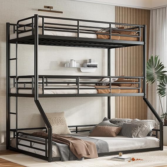 Bellemave Metal Triple Bunk Bed with Full-Length Guardrails, Twin Over Twin Over Full Bunk Bed for 3, Noise-Reduced & Multifunctional, Metal Black
