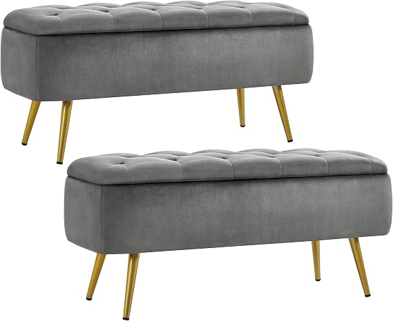 Yaheetech Ottoman with Storage 2pcs, Velvet Entryway Bench with Safety Hinge, Upholstered Bench with Seating for Bedroom, Living Room, Holds up to 519 lb, Gray