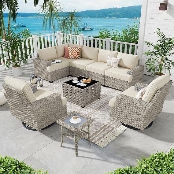 ovios 9 Piece Patio Sectional Furniture with Swivel Rocking Chairs, Rattan Wicker Coversation Set with Glowing Coffee Table, Outdoor Sofa Set for Outside Porch Balcony Backyard Pool,Beige