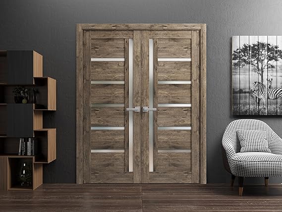 Quadro 4088 Interior Doors 36 x 80 in, Cognac Oak Frosted Glass Solid French Double Door, Solid MDF Core, Frame and Satin Nickel Hardware Included