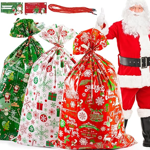 3pcs Giant Christmas Sacks Extra Large Santa Sacks 36x56" Jumbo Christmas Bags Oversized Large Xmas Gift Bags Santa Gift Sacks for Xmas Big Toys Presents Bags with Drawstring Tags XL
