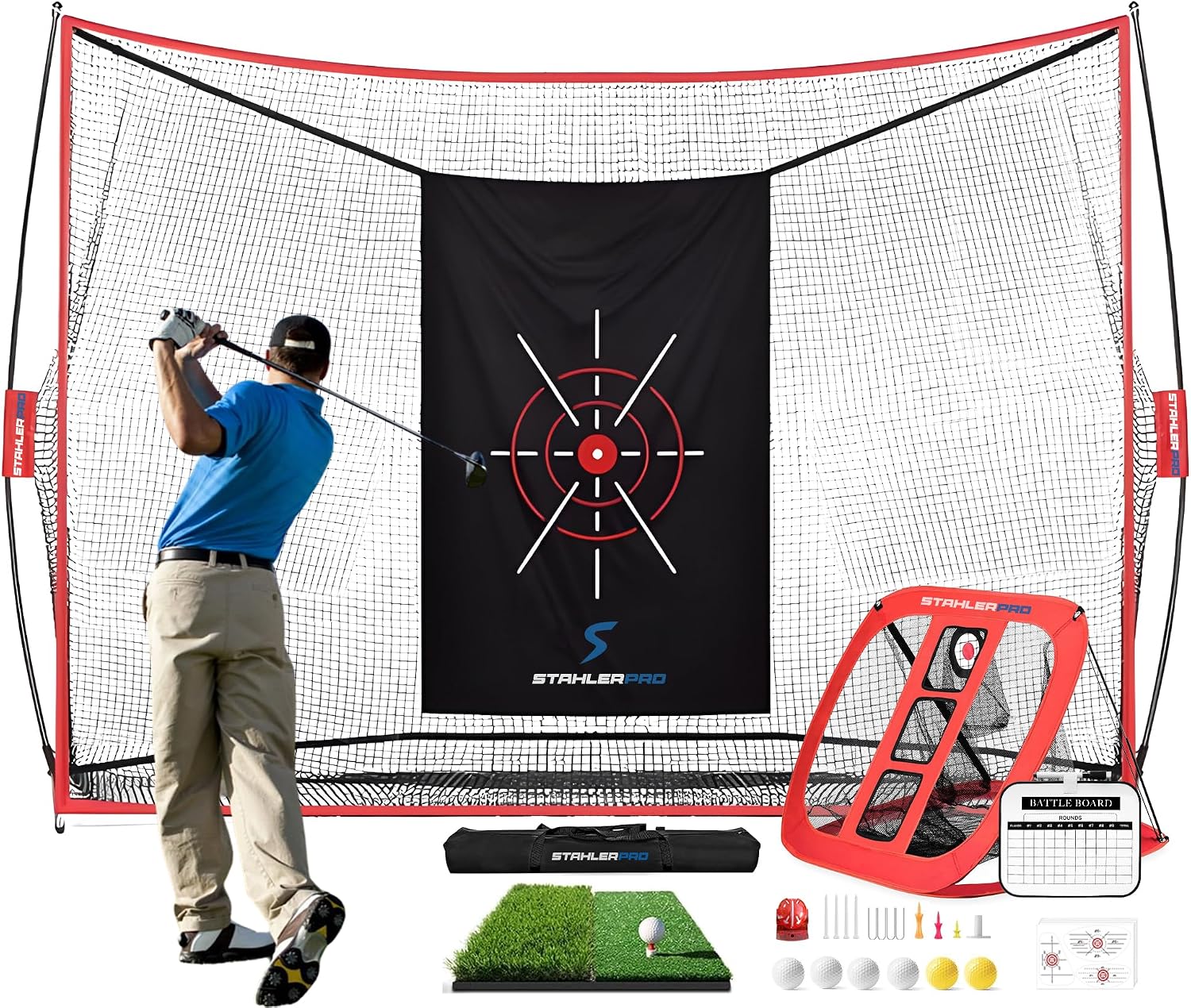 Golf Net Set with Practice Mat, 10x7ft Training Net with Chipping Net, 8 Tees, 6 Balls, Carry Bag, Impact Stickers, Ball Line Marker, Golf Training Set for Outdoor and Indoor Use