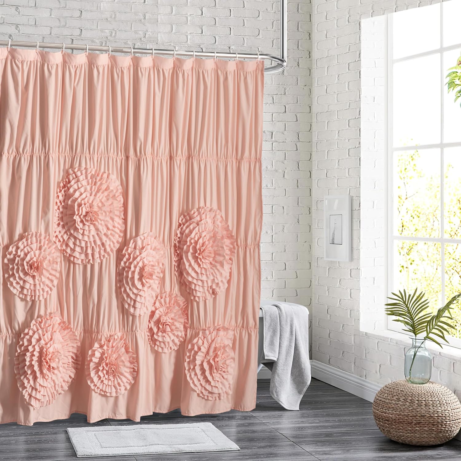 Homechoice Decor Farmhouse Ruffle Shower Curtain with Handmade 3D Flowers, Vintage Fabric Shower Curtains for Bathroom, Decorative Luxury Bathroom Curtain with 12 Holes, Peach Pink, 72" x 72" (LQ-41)