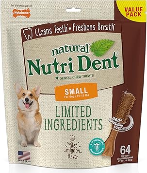 Nylabone Nutri Dent Dog Dental Chews - Natural Dog Teeth Cleaning & Breath Freshener - Dental Treats for Dogs - Filet Mignon Flavor, Small 64 Count