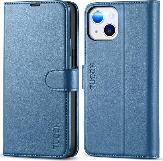TUCCH Wallet Case for iPhone 13 Mini (5.4") 2021, 3 Card Slots, Lake Blue | RFID Blocking, Viewing Stand, Shockproof TPU Shell, PU Leather, Magnetic Closure, Protective Folio Flip Cover