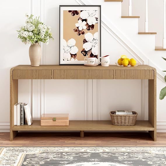 59" Console Table with Open Shelf, Modern Wood Fluted Entryway Table Rustic Curved Long Sofa Table Behind Couch for Hallway Entrance Living Room Foyer Farmhouse Mesa De Entrada, Brown