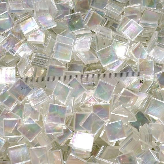 Transparent Mosaic Tiles for Crafts 300g Double-Sided Iridescent Square Mosaic Pieces, Stained Glass Tiles (15mm) for Candle Holders, Trays, Coasters & Home Decor