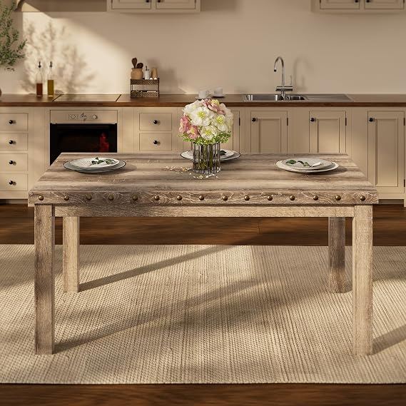 Morden Fort Farmhouse Rectangular Wooden Dining Table, Rustic 60" Kitchen & Dining Room Table with Woodgrain Tabletop, Rivet Accents & Solid Wood Legs