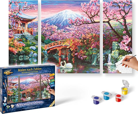 Schipper 609260751 Adults Painting by Numbers Kit, Cherry Blossoms in Japan, Includes Brush and Acrylic Paints, Triptych, 50 x 80 cm
