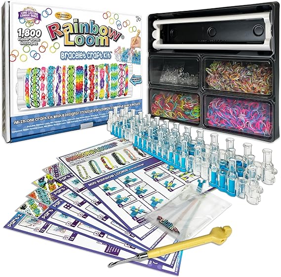 Rainbow Loom Bracelet Craft Kit Features Carrying Case, 8 Bracelet Instructions, Bracelet Display Rack, 1800 Colorful Bands, Make Up to 72 Bracelets for Boys and Girls 7