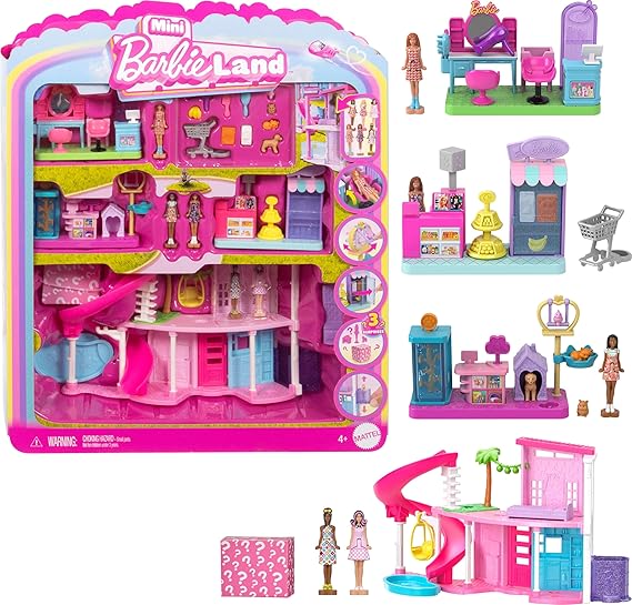 Barbie Mini Land DreamHouse & 3 Playsets with 4 1.5-Inch Dolls, Doll House Furniture & Accessories, Includes Pet Boutique, Hair Salon, Supermarket