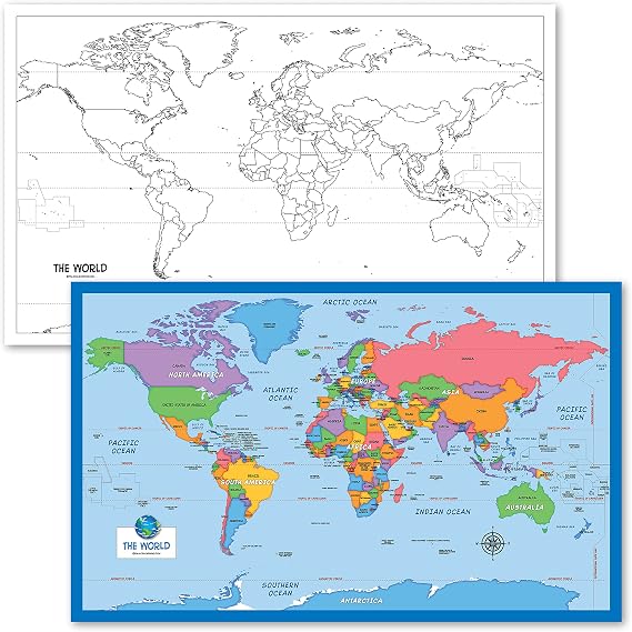 2 Pack - Blank World Map Outline Poster + Simplified World Map for Kids [Blank] (LAMINATED, 18" x 29")