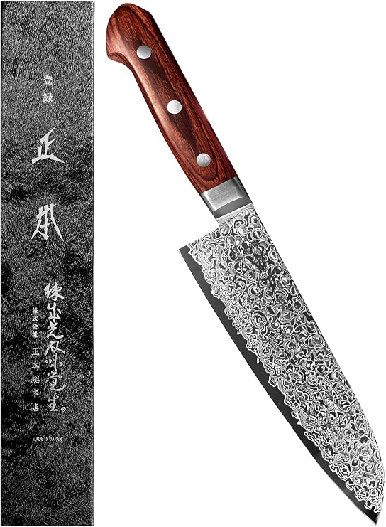 MASAMOTO ZA Japanese Santoku Knife 7" Professional Damascus Bunka Knife, ZA-18 Clad 69 Layers Japanese Stainless Steel Blade, Mahogany Pakkawood Handle, Made in JAPAN -Tokyo Exclusive Edition-