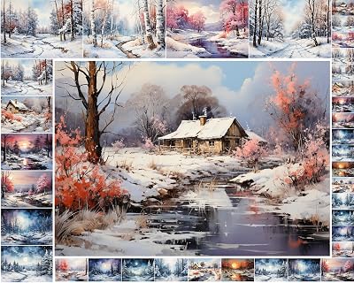 Decoupage Paper Pack 35 Sheets 6x8 Gorgeous Serene Landscapes of Cabins and Forests in Winter FLONZ Vintage Illustration Pictures Cards for Decoupage, Craft and Scrapbooking