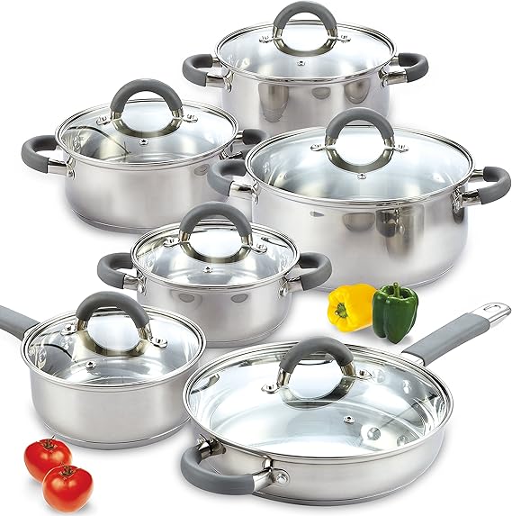 Cook N Home Basics Stainless Steel Cookware Sets, Pots and Pans Set with Stay-Cool Handle, Induction Compatible, Dishwasher and Oven Safe, 12-Piece