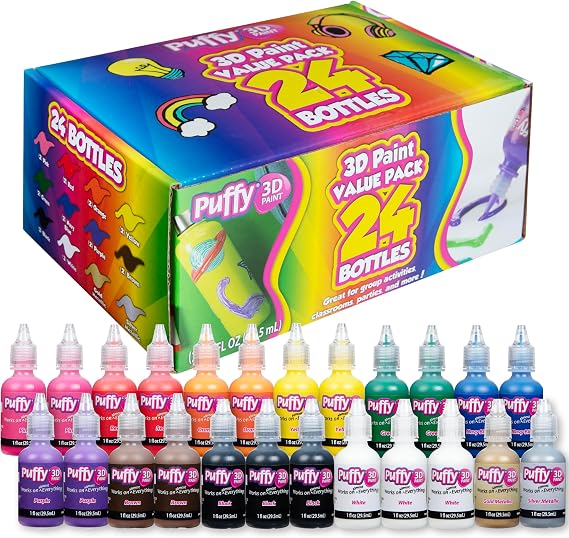 Puffy Paint Fabric Paint Set, 24 1 fl oz Bottles of Orignal Paint, 3 Stencils & 2 Paintbrushes, 3D Puff Paint Permanent Fabric Paint For Clotes, Multisurface, Rainbow Colors