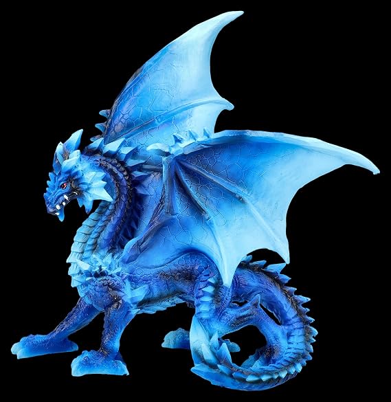 Figuren Shop GmbH Ice Dragon Figurine in Dark Blue 21.5 cm Artificial Stone Hand Painted - Majestic Dragon with Crystal Scale Blue