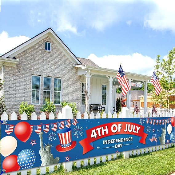 KatchOn Happy 4th of July Banner 120x20 Inch | Happy Fourth of July Banner, Fourth of July Fence Banner, 4th of July Decorations Outdoor