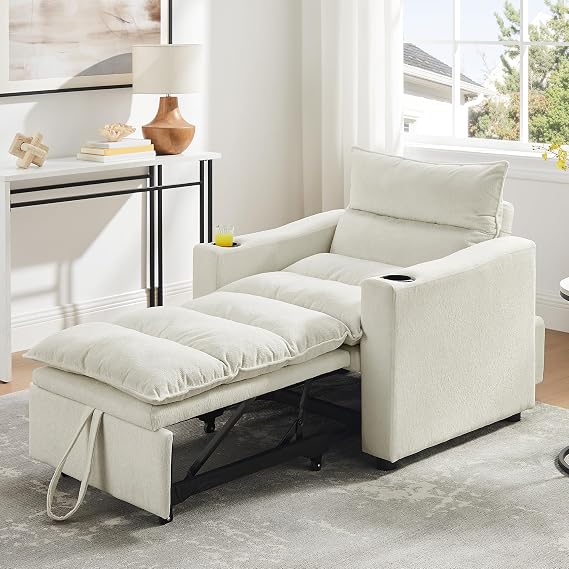 Sleeper Chair, 3 in 1 Convertible Pull Out Chair Sleeper with Bracket and Cup Holder, Chairs Bed Sleepers for Adults, Adjustable Sofa Bed Chairs for Living Room, Small Spaces, Beige