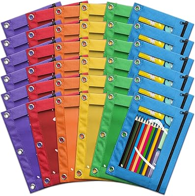 Pencil Pouch for 3 Ring Binder, Bulk 36 Pack 3-Holes Zipper Pencil Pouches in Assorted Colors, Sturdy and Durable Cloth Pencil Holder with Clear Window for Office School College Supplies 36
