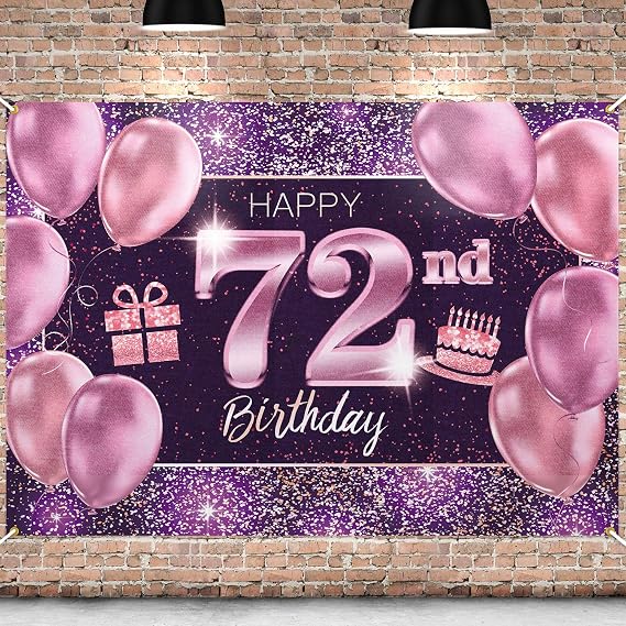 Happy 72nd Birthday Banner Backdrop - 72 Birthday Party Decorations Supplies for Women - Pink Purple Gold 4 x 6ft