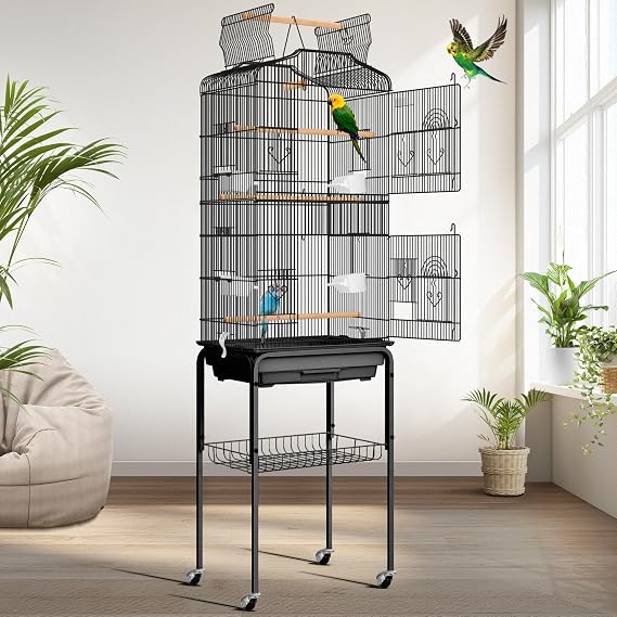 VIVOHOME 64 Inch Bird Cage with Play Top and Rolling Stand for Parrots Conures Lovebird Cockatiel Parakeets, Black
