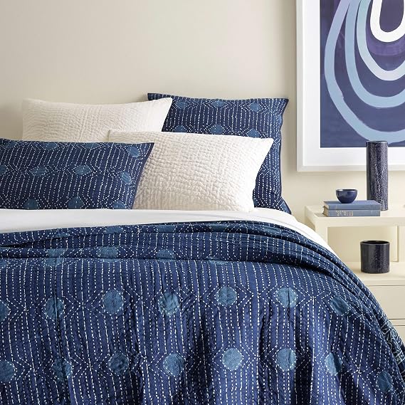Pine Cone Hill Resist Dot Indigo Coverlet Blanket, King Size, Blue Graphic Pattern
