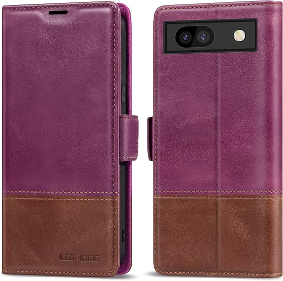 KEZiHOME Case for Google Pixel 7A, Genuine Leather Wallet Case with Card Holder [RFID Blocking] Kickstand Flip Protective Heavy Duty Phone Cover for Google Pixel 7A 5G 2023 (Purple/Brown)