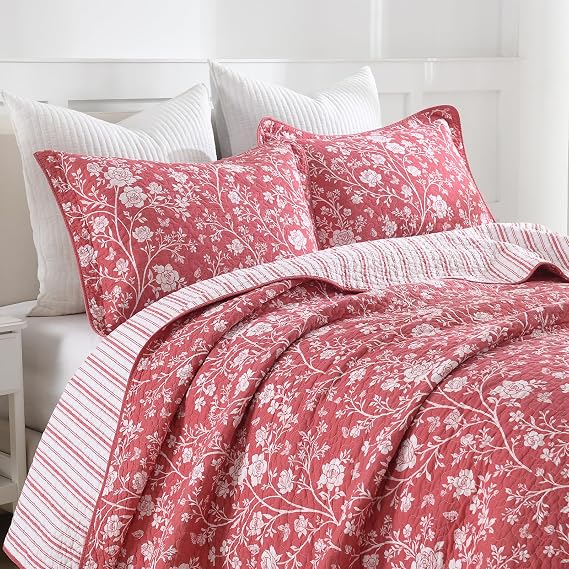 DDUOXIN Queen Quilt Set - 100% Cotton Quilts with 2 Pillow Shams, Vintage Floral Bedspread Lightweight Thin Comforter Reversible Bedding for Pastoral Style Bedroom, Red, Queen(90" W x 98" L)