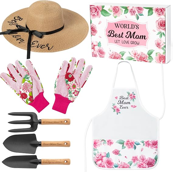 Mom Garden Tools Pink Hand Rake Transplanter Apron Trowel Straw Hat Planting Gloves Gardening Set with Box Outdoor Horticulture Starter for Best Mother in Law Plant Lover