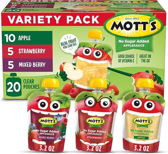 Mott's Applesauce No Added Sugar 90ml Clear Bags 20 Pack Real Fruit Good Source of Vitamin C Travel