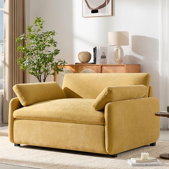 50 * 43 Oversized Modern Accent Chair, Ultra Wide and Deep Seat Single Sofa Chair, Chenille Soft Comfy Armchair with Two Throw Pillows for Living Room, Apartment, Dorm, Office (Yellow)
