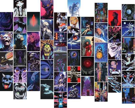 Cyberpunk Retro Futuristic 90s Anime Aesthetic Art Wall Collage Kit for Bedroom - Small 50 PCS Manga Wall Prints Decor Posters - Trippy Unique Grunge Dark Fantasy Gaming Room Decorations for Teens