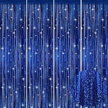 Picoway 4 Pack Foil Fringe Tinsel Backdrop Curtains, Birthday Engagement Bachelorette Party Decorations, Photo Booth Props Door Streamers Curtain (Blue)
