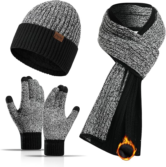 Men's Winter Hat Scarf Gloves Set,3PCS Unisex Warm Knit Beanie,Touchscreen Gloves & Long Scarf for Men & Women