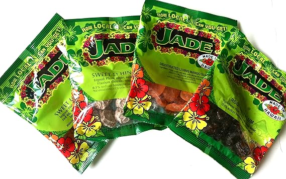 Jade Brand Li Hing Mui Snack Pack of 4 (1 each of Sweet Li Hing Mui, Red Sweet Li Hing Mui, Li Hing Dried Mango, and Rock Salt Plum)