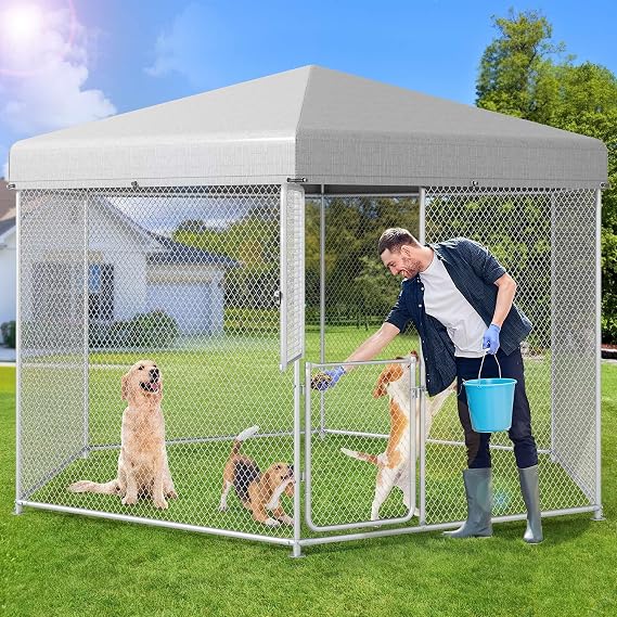DWVO Large Outdoor Dog Kennel with Roof, Extra Large Pet Pens Dog House 13.111.27.6FT Galvanized Dog Run Enclosure with UV-Resistant Waterproof Cover & Double-Doors Chain Link Fence Outside for Yard