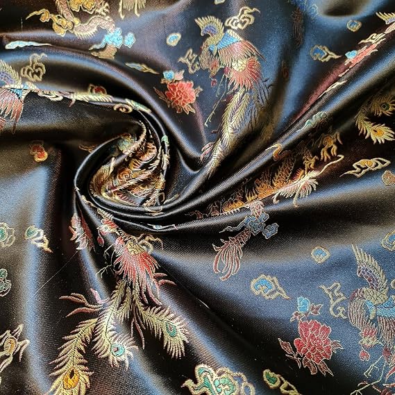 Oriental Dragon Print Traditional Chinese Embroidered Brocade/Poly Silk Satin Premium Quality Dress Craft Fabric Material 36" - 100cm Wide Sold As 1 Meter Pre - Cut Lengths (Black)