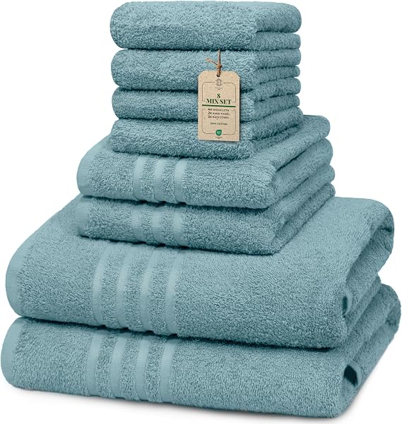 CORE 8-Piece Cotton Towel Set, Value Pack, Absorbent, Lightweight | 2 Bath (65 x 135 cm), 2 Hand (40 x 60 cm), 4 Washcloths (30 x 30cm), Soft, Portable, Compact, Minimalist, Soft Teal