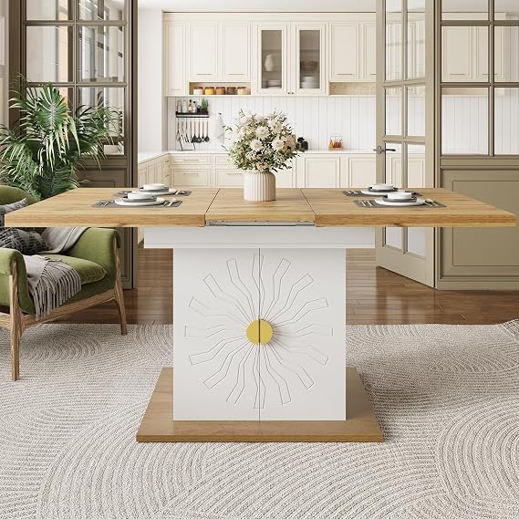 Extendable Dining Table, Kitchen Tables with Generous Storage Space, Wood Veneer with Sun-Relief, Extension Table for Kitchen & Living Room, 110-140 * 70 * 76cm, White