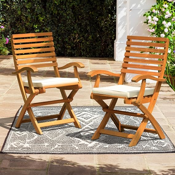 IDZO Percy Folding Chairs Set of 2 with Beige Cushions, FSC Acacia Wood