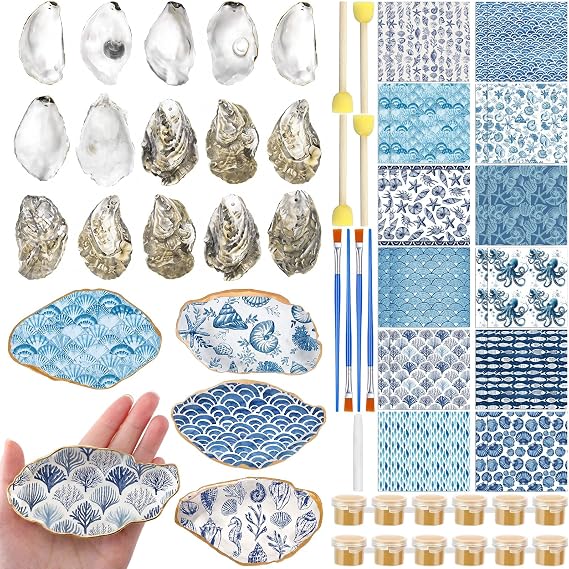 Blueweenly 12 Set Ocean Oyster Shells Decoupage Kit with Coastal Napkins